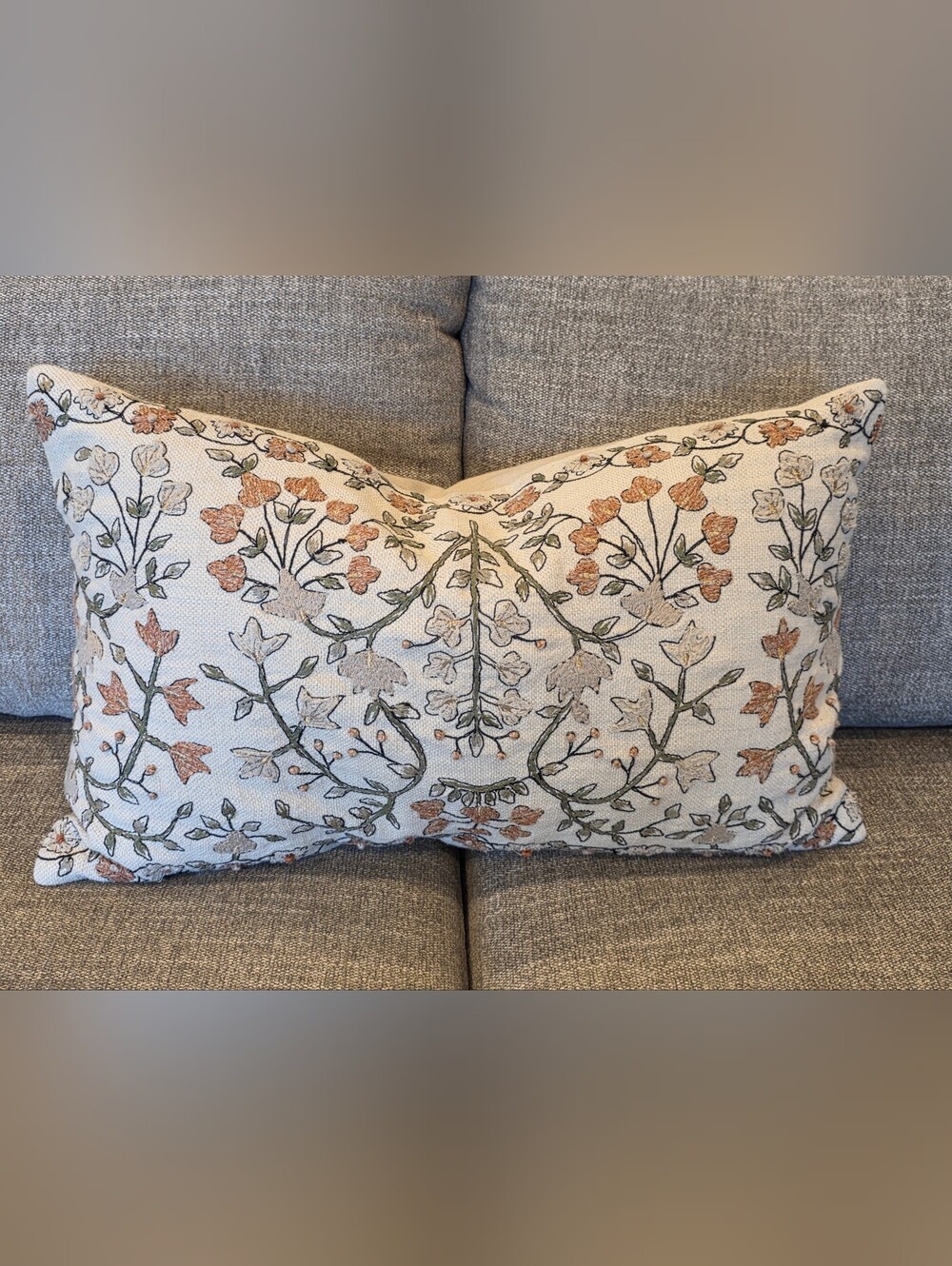 Pottery Barn Embroidered Floral Lumbar Pillow in Cream Rust Sage With PB Insert
